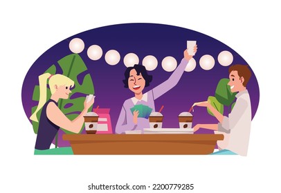 Friends Eating In A Street Cafe Flat Cartoon Vector Illustration Isolated On White Background. People Eating Together Outdoors In Fast Food Restaurant.