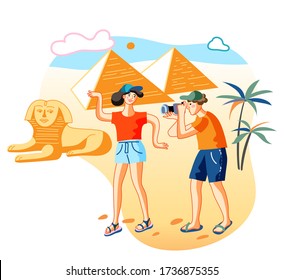 Friends in Egypt flat vector illustration. Tourists posing for photo near Giza pyramids famous landmarks. Summer holiday vacation. Man and woman at Cairo excursion cartoon characters