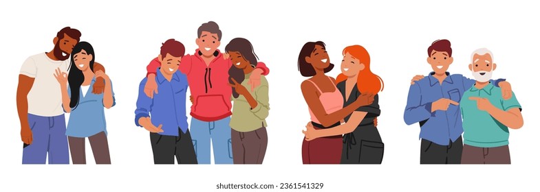 Friends Embrace Warmly, Sharing A Heartfelt Hug That Conveys Their Deep Bond And Affection For Each Other. Mate Characters Smile And Warmth Radiate Between Them. Cartoon People Vector Illustration