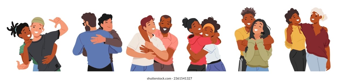 Friends Embrace Warmly, Their Smiles Evident As They Share Heartfelt Hug, Conveying Their Deep Bond And Genuine Affection. Boys and Girls Characters Friendly Cuddle. Cartoon People Vector Illustration