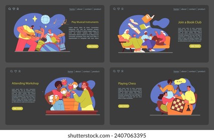 Friends engage in vibrant music sessions, lively book discussions, creative workshops, and chess strategies. Interactive learning, shared hobbies, and fun. Flat vector illustration.