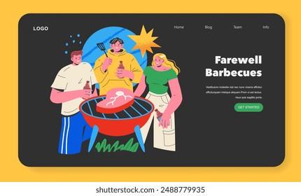 Friends enjoy a barbecue gathering, savoring the last moments of summer leisure outdoors. Grilling meat, sharing drinks, and casual fun. Vector illustration.