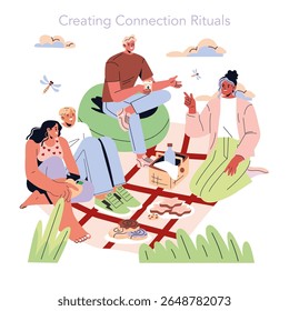 Friends enjoy a casual outdoor picnic, engaging in conversations and sharing snacks, depicting modern social interactions.