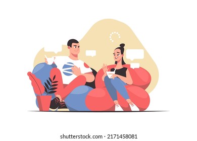 Friends enjoy discussion and cup of coffee vector illustration. Fun break for drink flat style. Friendship, communication, pastime concept