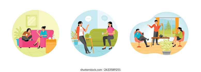 Friends enjoy a gossiping while sitting on a sofa, drinking tea. Women Spend Time Together Having a Friendly Conversation. Three friends gather in a cozy room. Talking concept.
