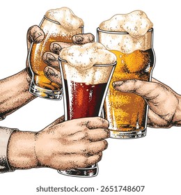 Amigos desfrutam de um brinde com diferentes tipos de cerveja artesanal em uma reunião animada. Cada pessoa segura um copo cheio de cerveja espumante celebrando juntos em uma atmosfera vibrante.