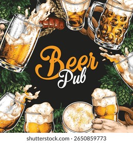Friends enjoy a vibrant atmosphere in a pub raising glasses filled with frothy beer. The lively setting features warm lighting and decorative beer-themed elements creating a joyful ambiance.