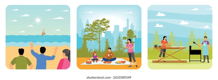 Friends enjoy watching windsurfing on a picturesque beach. A family gathers outdoors in a city park. A barbecue picnic with a couple enjoying grilling and preparing food. Having picnic lunch concept.