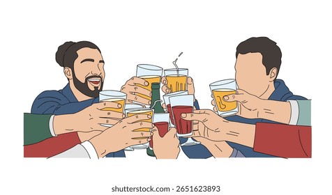 Friends enjoying a beer toast celebrating together with happiness and good times