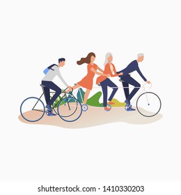 Friends enjoying cycling cartoon illustration. Men and women riding bikes. Leisure concept. Vector illustration can be used for topics like outdoor activities, summer, family