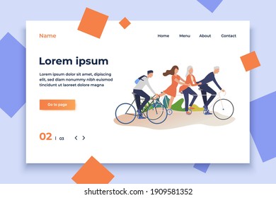 Friends enjoying cycling cartoon illustration. Men and women riding bikes. Leisure concept. Vector illustration can be used for topics like outdoor activities, summer, family