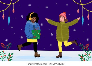 Friends enjoying a festive winter celebration with gifts and decorations in a snowy landscape