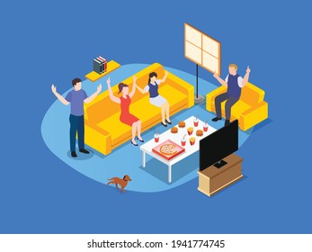 Friends enjoying movie night isometric 3d vector concept for banner, website, illustration, landing page, flyer, etc.