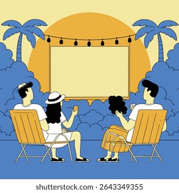 Friends enjoying an outdoor movie night under palm trees and string lights, creating a relaxed and fun atmosphere.

