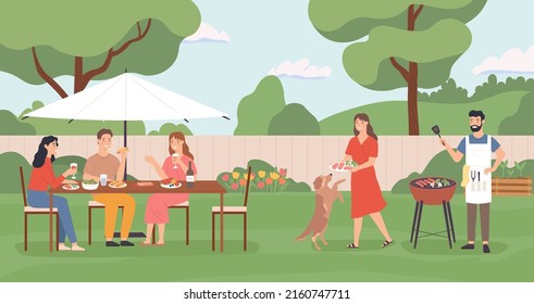 Friends enjoying party with barbecue on backyard. Summer barbecue picnic, bbq party together, vector illustration