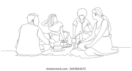 Friends Enjoying Picnic  BBQ – Minimalist Continuous‑Line Vector Illustration