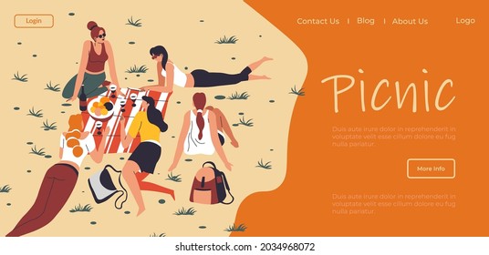 Friends enjoying picnic and nature outdoors, women sitting on blanket and eating food, talking and drinking beverages. Summertime rest. Website or webpage templates, landing page flat vector