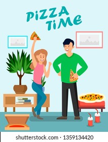 Friends Enjoying Pizza Flat Vector Illustration. Couple Having Home Party. Man and Woman Cartoon Characters Dancing. Cheerful Girl Showing Winner Gesture. Potted Palm Tree, Fizzy Drinks in Room