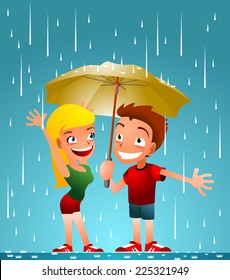 friends enjoying the rain cartoon illustration