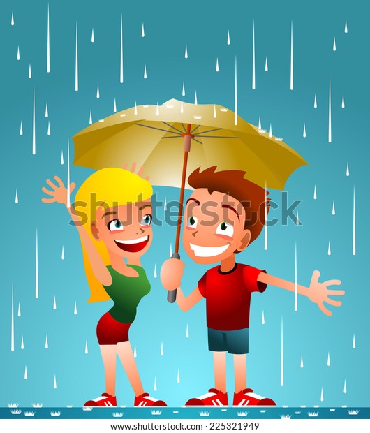 Friends Enjoying Rain Cartoon Illustration Stock Vector (Royalty Free ...