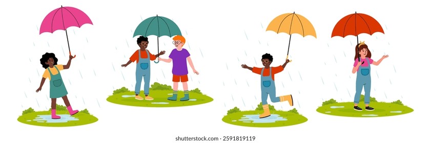 Friends enjoying a rainy day with colorful umbrellas while playing in puddles