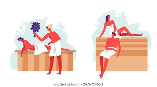 Amigos disfrutando de la sesión de sauna Vector