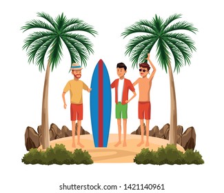 Friends enjoying summer in swimsuit with surf table in the beach scenery isolated vector illustration graphic design
