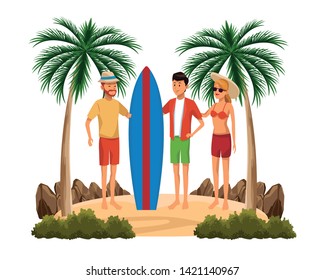 Friends enjoying summer in swimsuit with surf table in the beach scenery isolated vector illustration graphic design