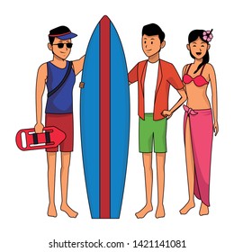 Friends enjoying summer in swimsuit with surf table isolated vector illustration graphic design