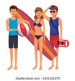 Friends enjoying summer in swimsuit with surf table isolated vector illustration graphic design
