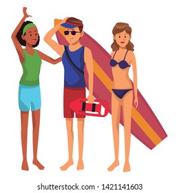 Friends enjoying summer in swimsuit with surf table isolated vector illustration graphic design