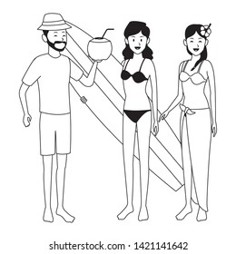 Friends enjoying summer in swimsuit with surf table isolated vector illustration graphic design