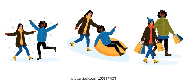 Amigos disfrutando de actividades de invierno, incluyendo patinaje y tubing en un paisaje nevado