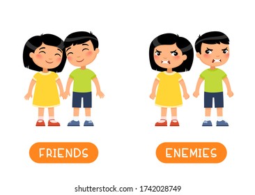 Friends and enmies antonyms flashcard vector template. Word card for english language learning with flat characters. Opposites concept. Asian girl and boy quarrel illustration with typography