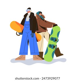 Friends in equipment hold boards in hands, posing on snow. Active couple snowboarding together. People do extreme winter sport on ski resort. Flat isolated vector illustration on white background