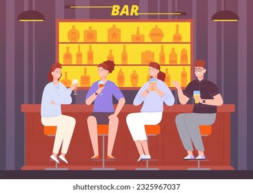 Friends evening bar. People talking night pub counter, friend enjoy meeting alcohol drink talks toast cheers conversation sitting on stool restaurant, vector illustration of alcohol bar cartoon