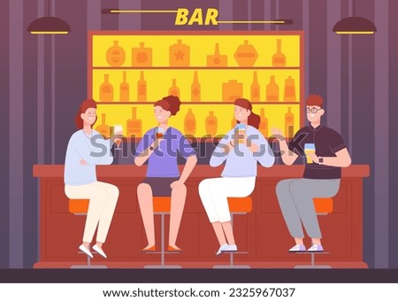 Friends evening bar. People talking night pub counter, friend enjoy meeting alcohol drink talks toast cheers conversation sitting on stool restaurant, vector illustration of alcohol bar cartoon