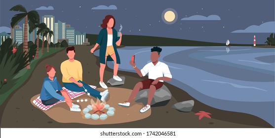 Friends evening picnic at sandy beach flat color vector illustration. Summertime adventure. People sitting near bonfire 2D cartoon character with ocean and tropical palm trees at night on background