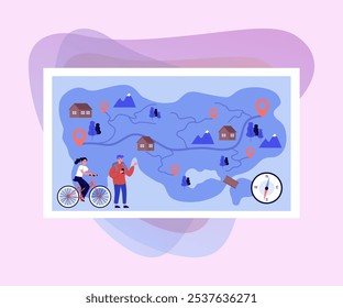 Amigos examinando la Ilustración vectorial del mapa de senderismo. Sendero forestal, casas, árboles y colinas en el mapa. Personas para correr o montar en bicicleta utilizando el App de navegación y la brújula. Senderismo, deporte, concepto de estilo de vida saludable