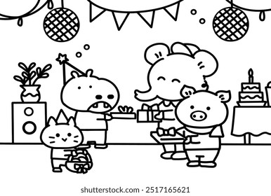 Friends exchange giftbox animal theme coloring page style.
