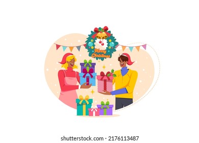 Friends exchanging Christmas presents flat illustration concept on white background