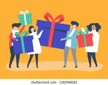 Freunde tauschen Geschenkbox miteinander aus
