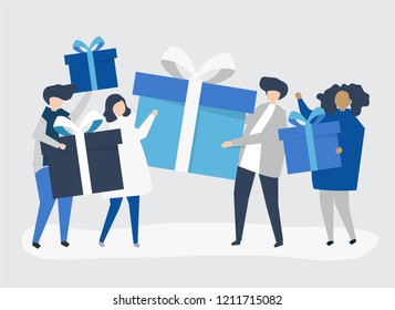 Friends exchanging gift boxes  with one another