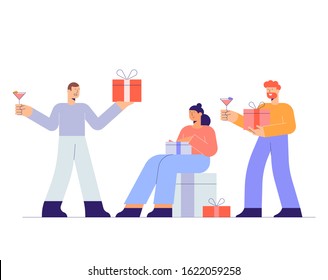 Friends exchanging gift boxes with one another. People giving presents each other on holiday vector. Festive work party celebration
