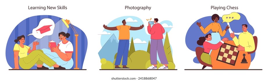 Friends exchanging knowledge, capturing memories with photography, and indulging in chess challenges. Social learning, scenic shots, and strategic games. Flat vector illustration.