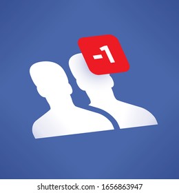 Friends faces icon with minus one number symbolizing decrease of friends. Idea - Internet loneliness and solitude, Web communication and relationships, death, loss of relatives or friends etc.