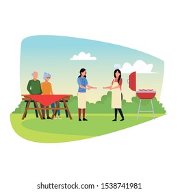 friends and family at a bbq picnic over white background, vector illustration