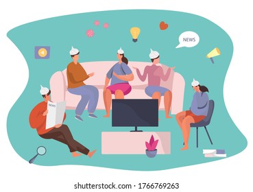 Friends or Family Characters Wearing Foil Hats on Heads at Home. Discussing Conspiracy Theories and Watching TV News about Coronavirus on TV.Protecting from Aliens.Flat Vector Illustration