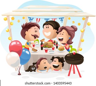 Friends and family dinner at the Independence Day in America. Vector illustration in flat cartoon style