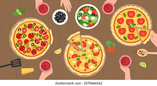 Friends or family eating pizza together and drinking wine, vector illustration. Wooden table with various kinds of pizzas, top view